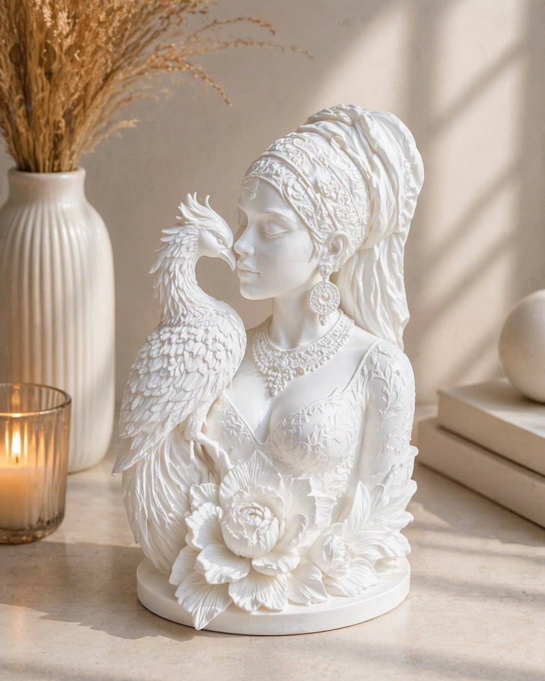 Statue Femme & Phénix – Force, Renaissance & Élégance Mystique